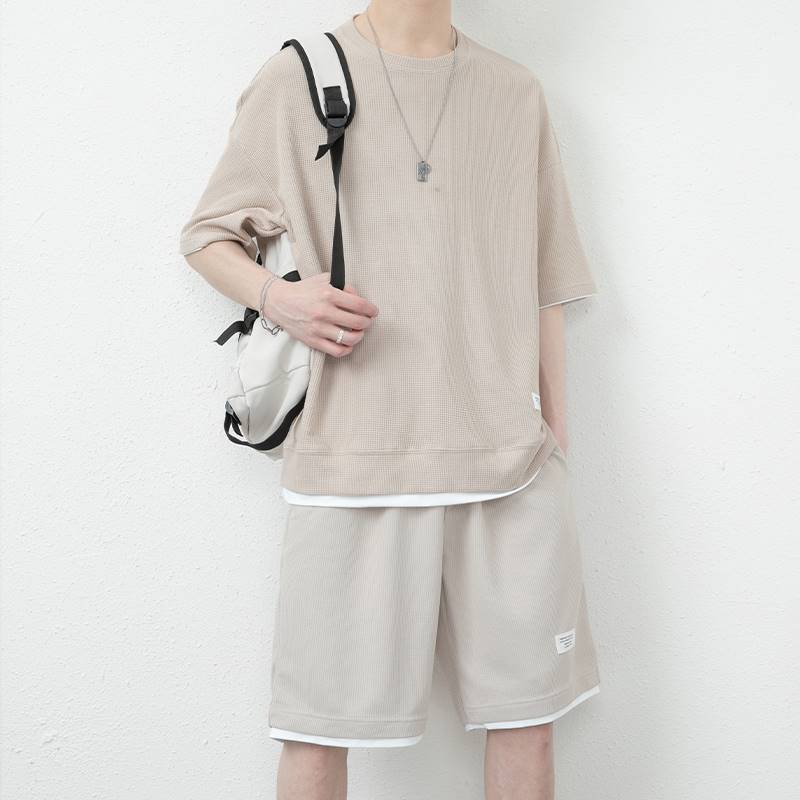 2 pcs/ 1 set,Waffle casual suit men's summer ice silk short sleeved t-shirt men's set paired with cool trendy sportswear