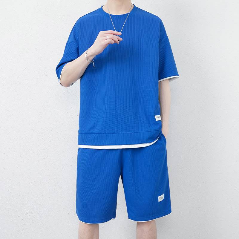 2 pcs/ 1 set,Waffle casual suit men's summer ice silk short sleeved t-shirt men's set paired with cool trendy sportswear