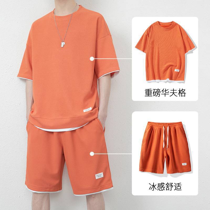 2 pcs/ 1 set,Waffle casual suit men's summer ice silk short sleeved t-shirt men's set paired with cool trendy sportswear