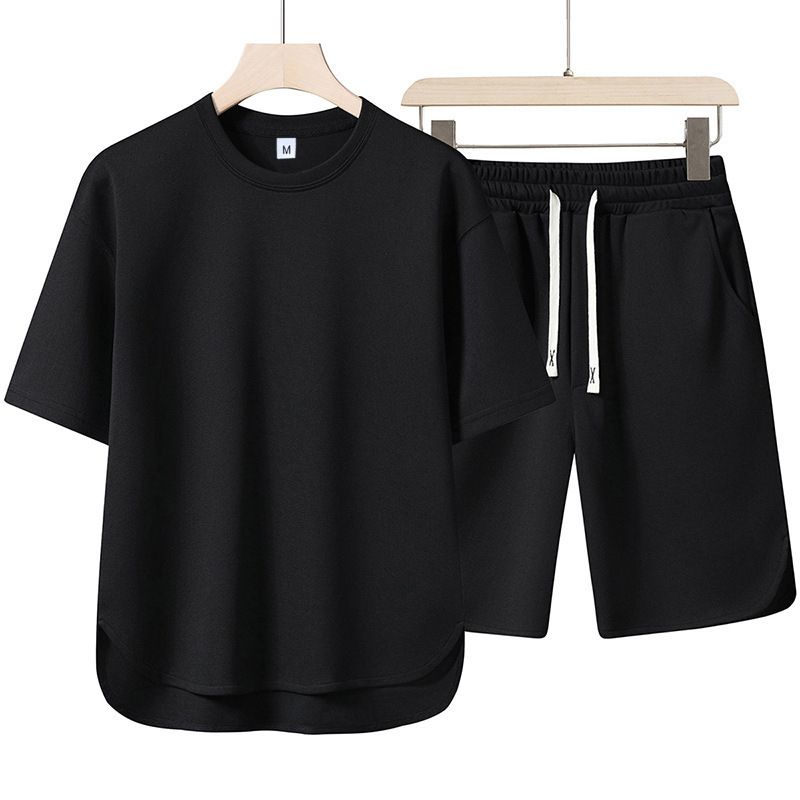 2pcs/1set,Men's pure color casual sportswear set, youth loose fashion shorts, round neck short-sleeved T-shirt, two-piece set