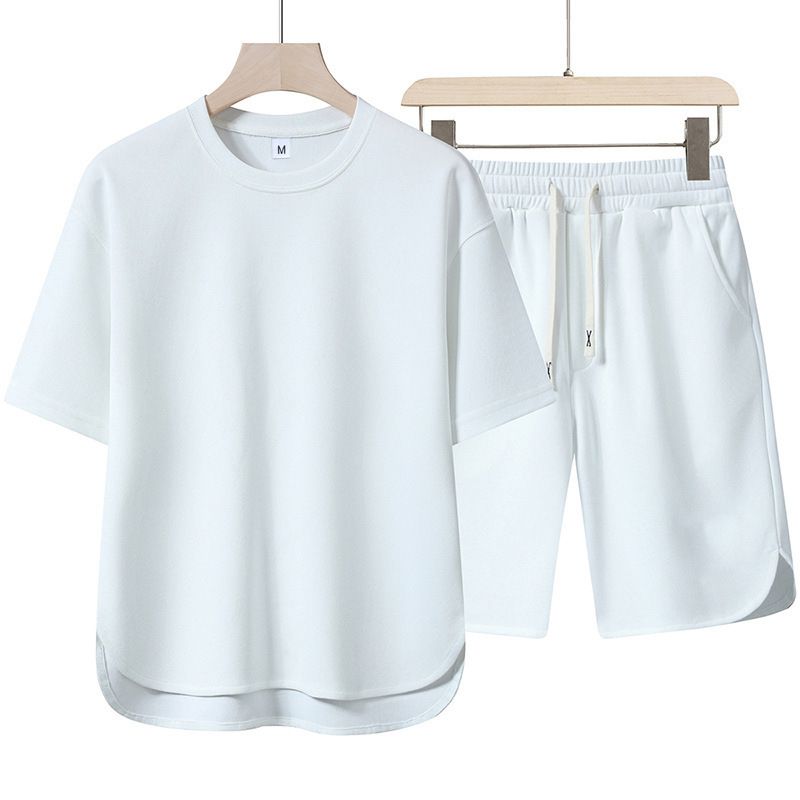2pcs/1set,Men's pure color casual sportswear set, youth loose fashion shorts, round neck short-sleeved T-shirt, two-piece set