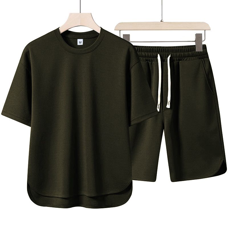 2pcs/1set,Men's pure color casual sportswear set, youth loose fashion shorts, round neck short-sleeved T-shirt, two-piece set