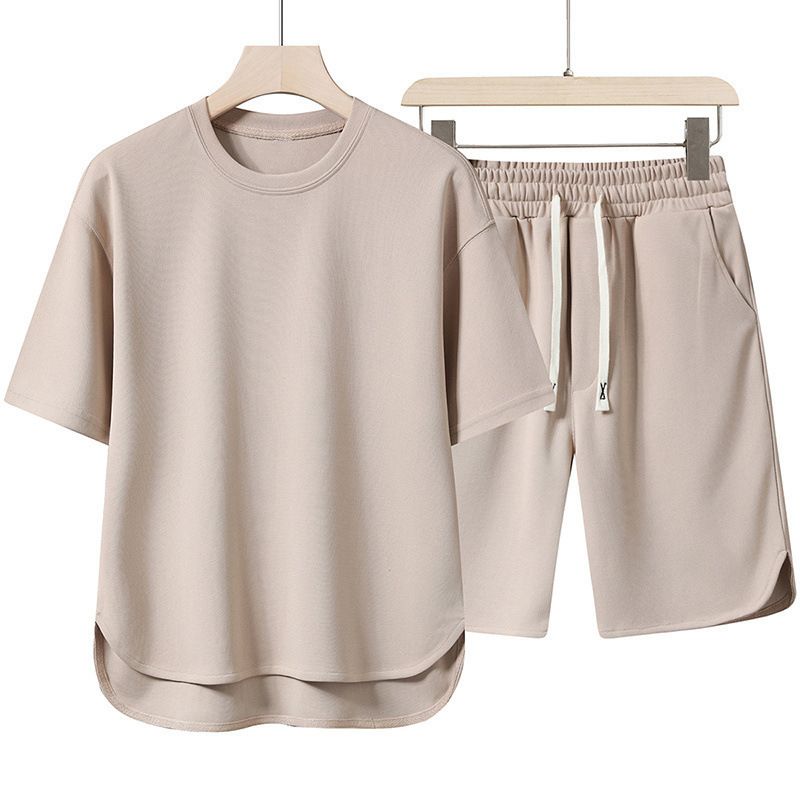 2pcs/1set,Men's pure color casual sportswear set, youth loose fashion shorts, round neck short-sleeved T-shirt, two-piece set