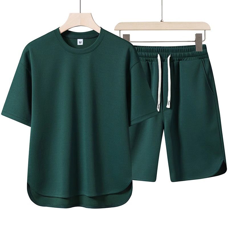 2pcs/1set,Men's pure color casual sportswear set, youth loose fashion shorts, round neck short-sleeved T-shirt, two-piece set