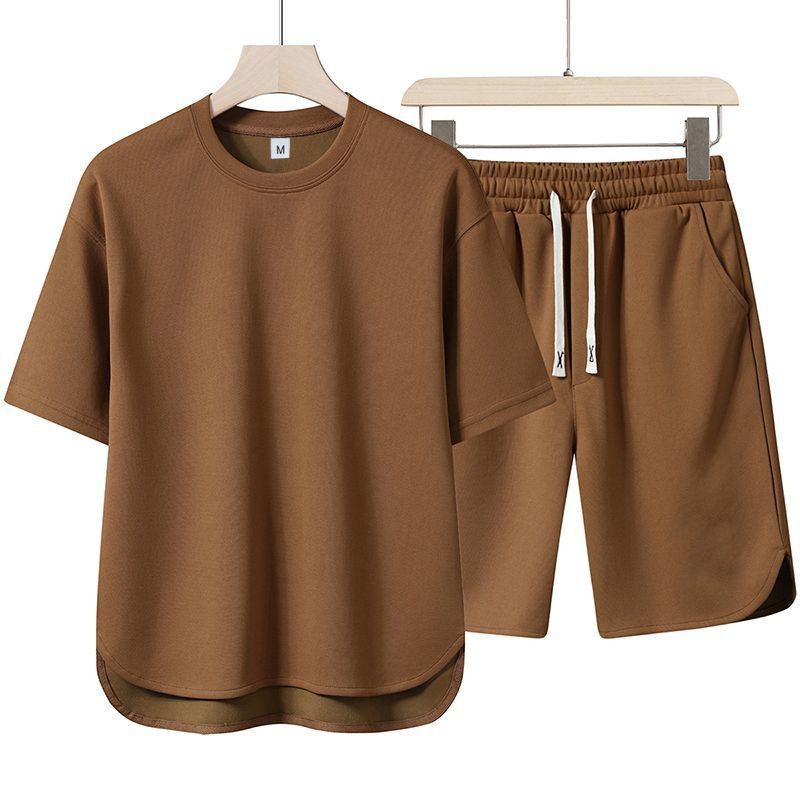 2pcs/1set,Men's pure color casual sportswear set, youth loose fashion shorts, round neck short-sleeved T-shirt, two-piece set