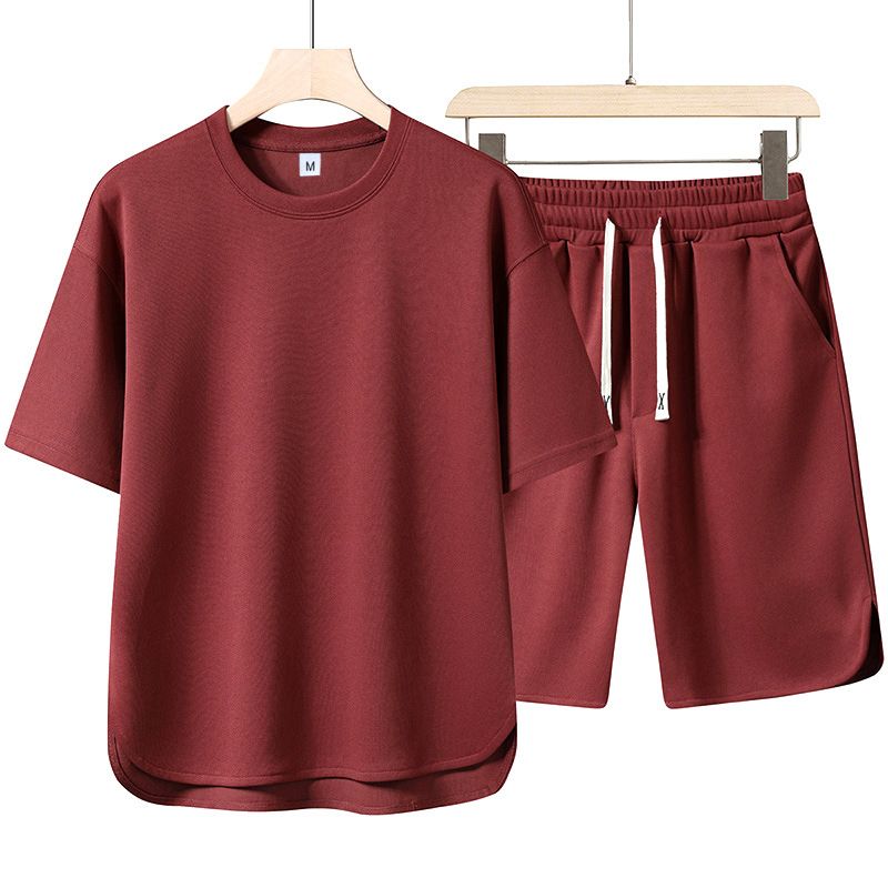 2pcs/1set,Men's pure color casual sportswear set, youth loose fashion shorts, round neck short-sleeved T-shirt, two-piece set