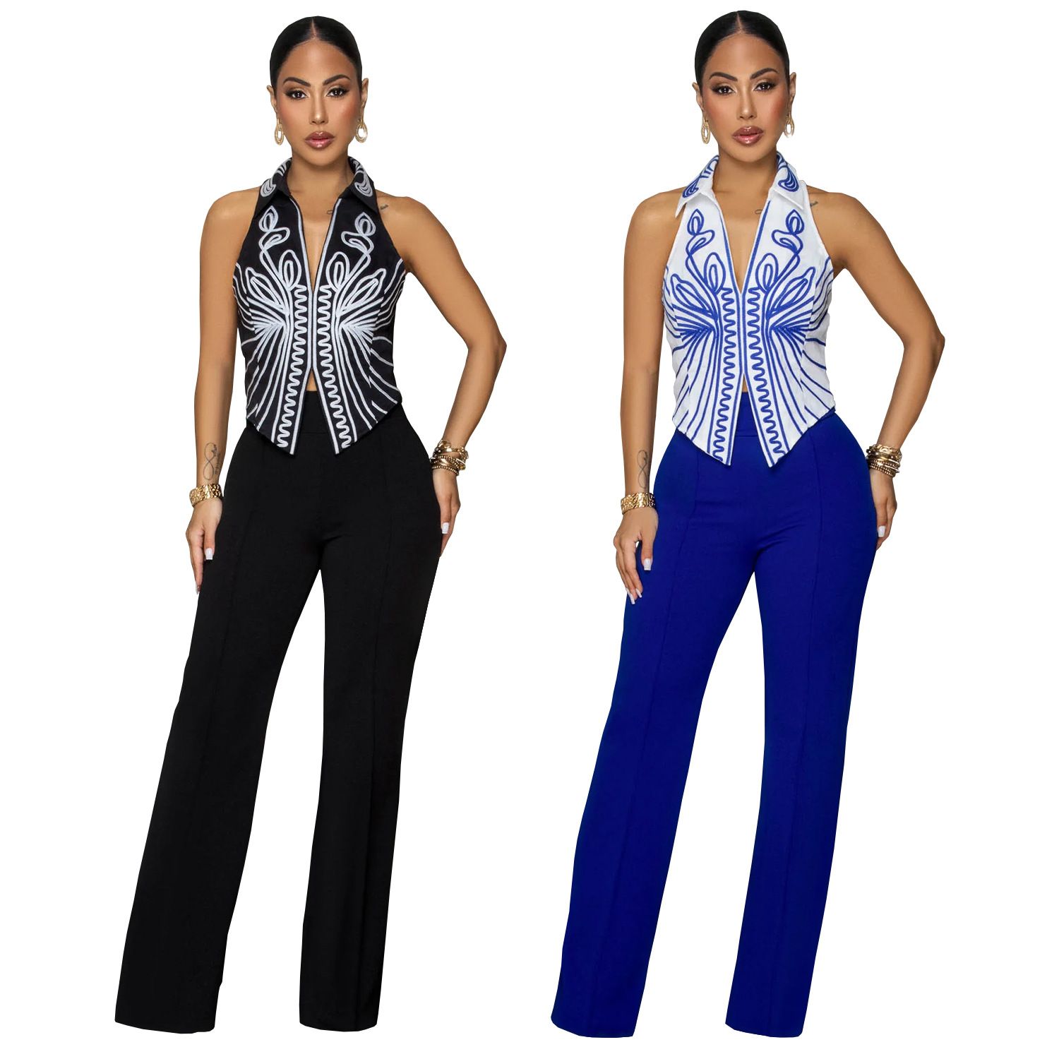 2 pieces/set, AliExpress Amazon hot item, European and American style fashionable women's clothing, elegant temperament printed top and pants two-piece set