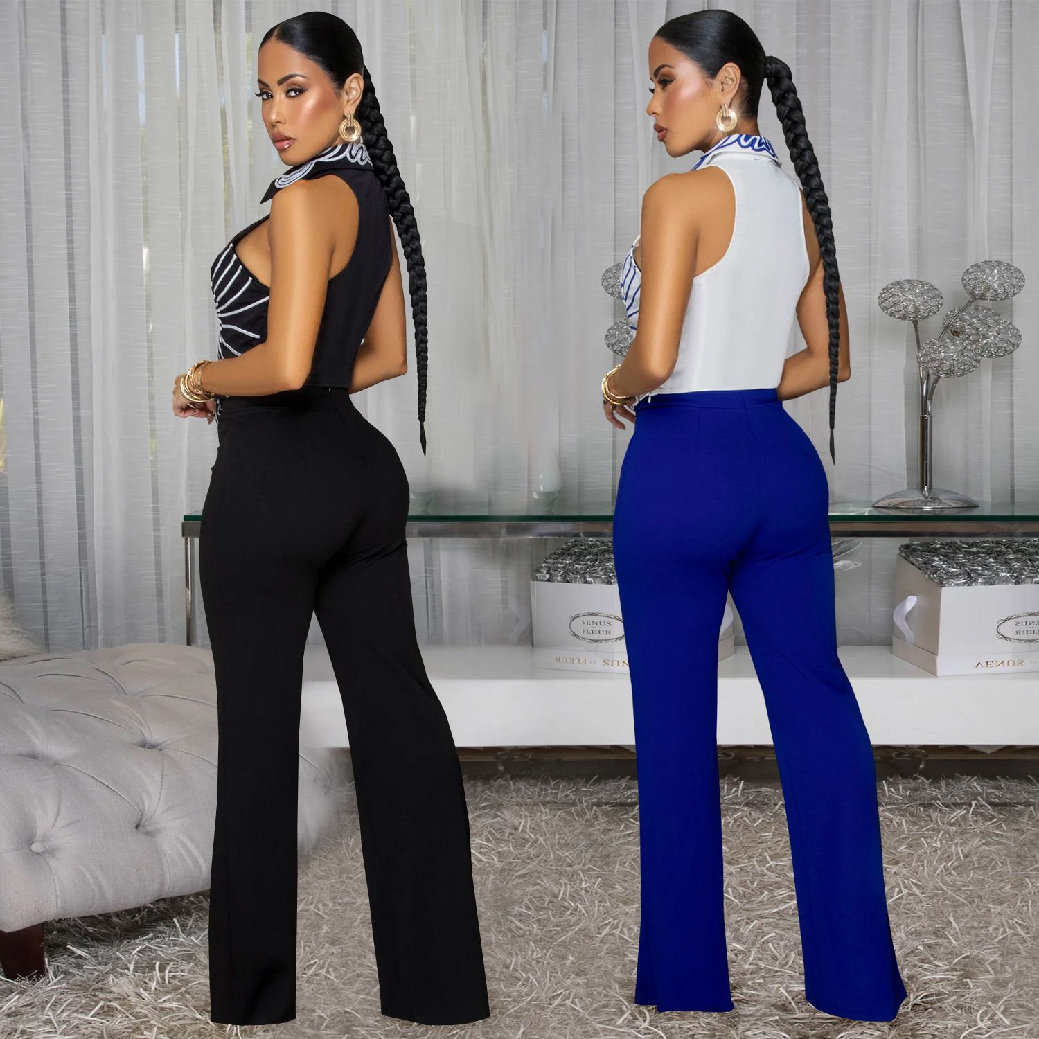 2 pieces/set, AliExpress Amazon hot item, European and American style fashionable women's clothing, elegant temperament printed top and pants two-piece set