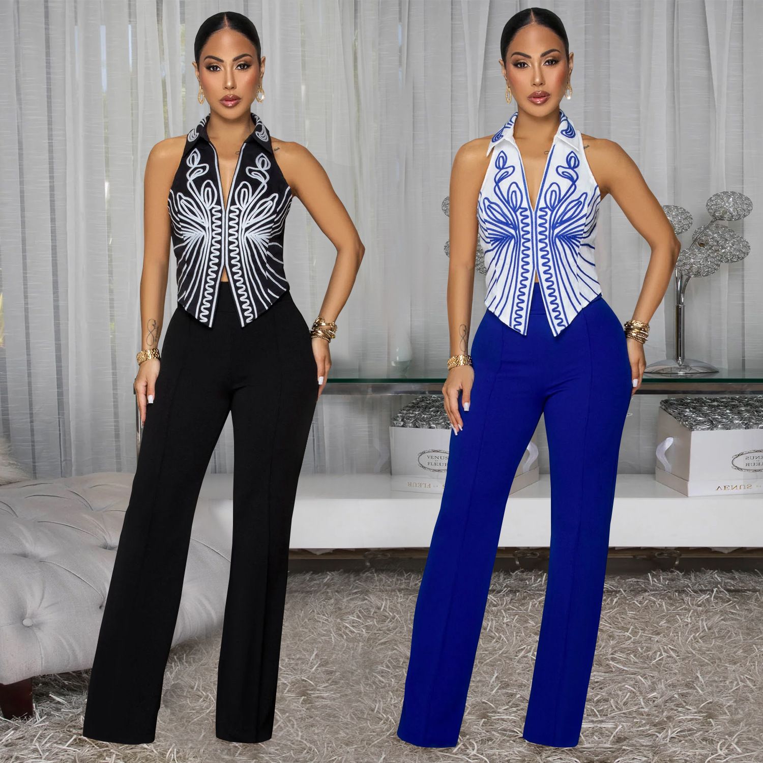 2 pieces/set, AliExpress Amazon hot item, European and American style fashionable women's clothing, elegant temperament printed top and pants two-piece set