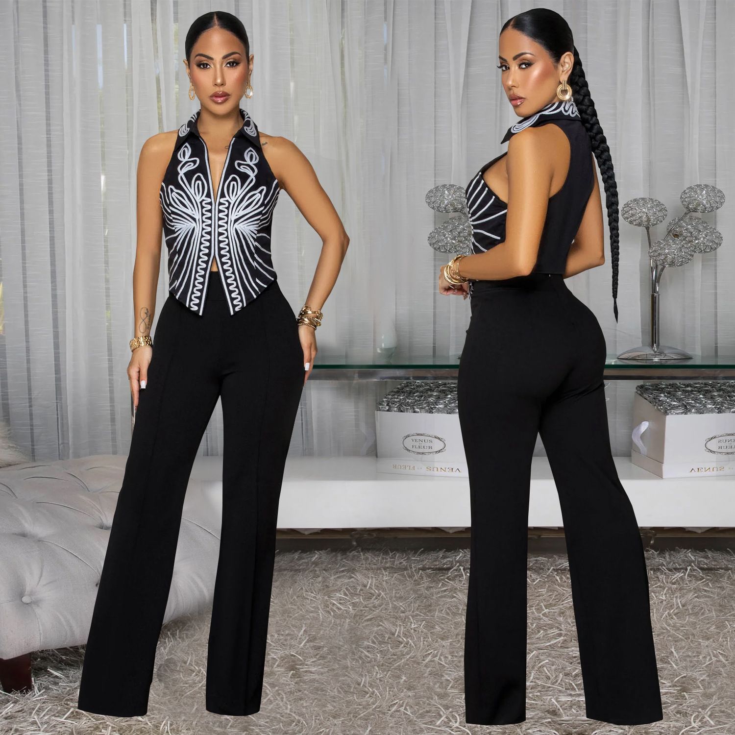 2 pieces/set, AliExpress Amazon hot item, European and American style fashionable women's clothing, elegant temperament printed top and pants two-piece set