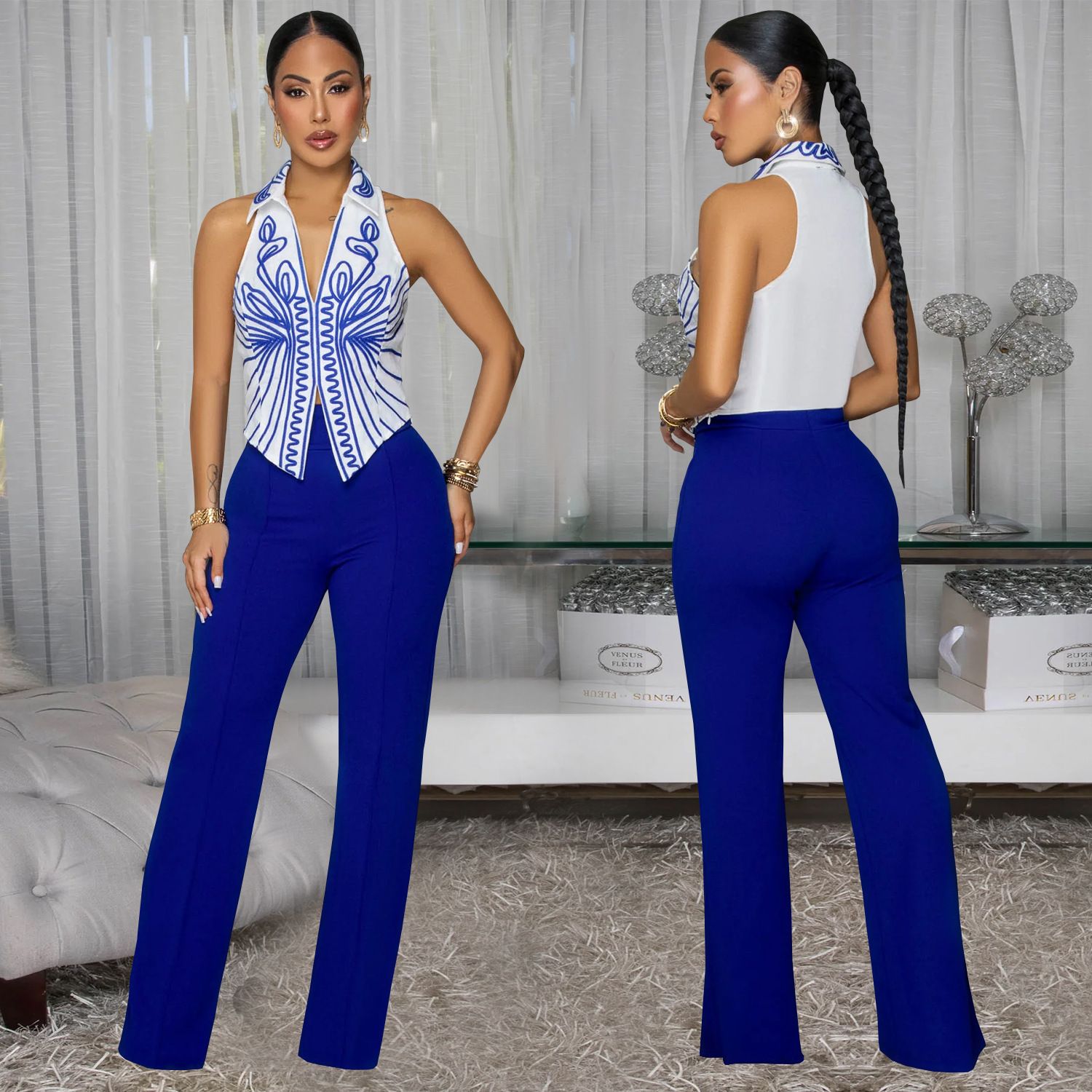 2 pieces/set, AliExpress Amazon hot item, European and American style fashionable women's clothing, elegant temperament printed top and pants two-piece set