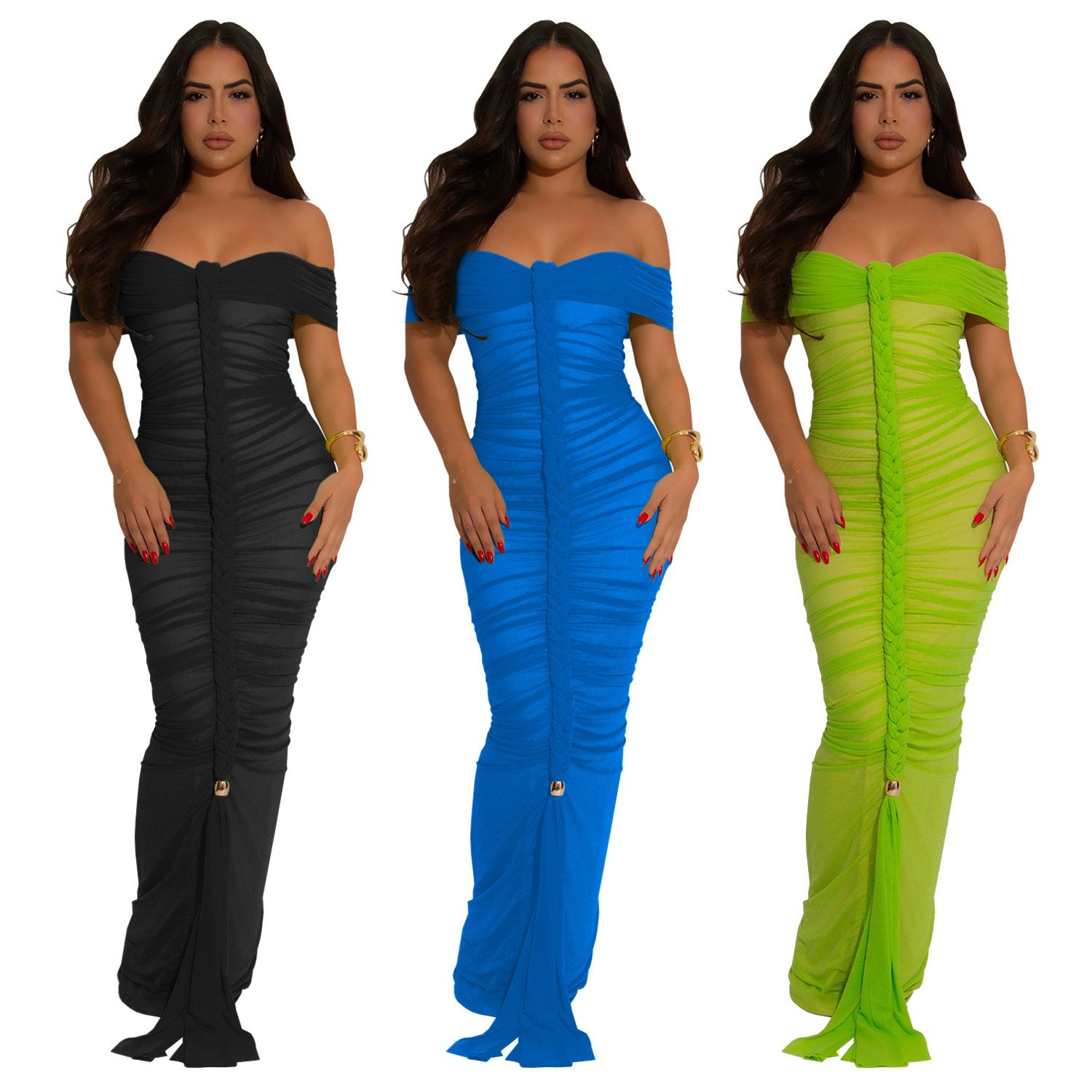 AliExpress Amazon hot selling item, European and American fashionable women's elegant mesh pleated slim fit hip hugging dress，long