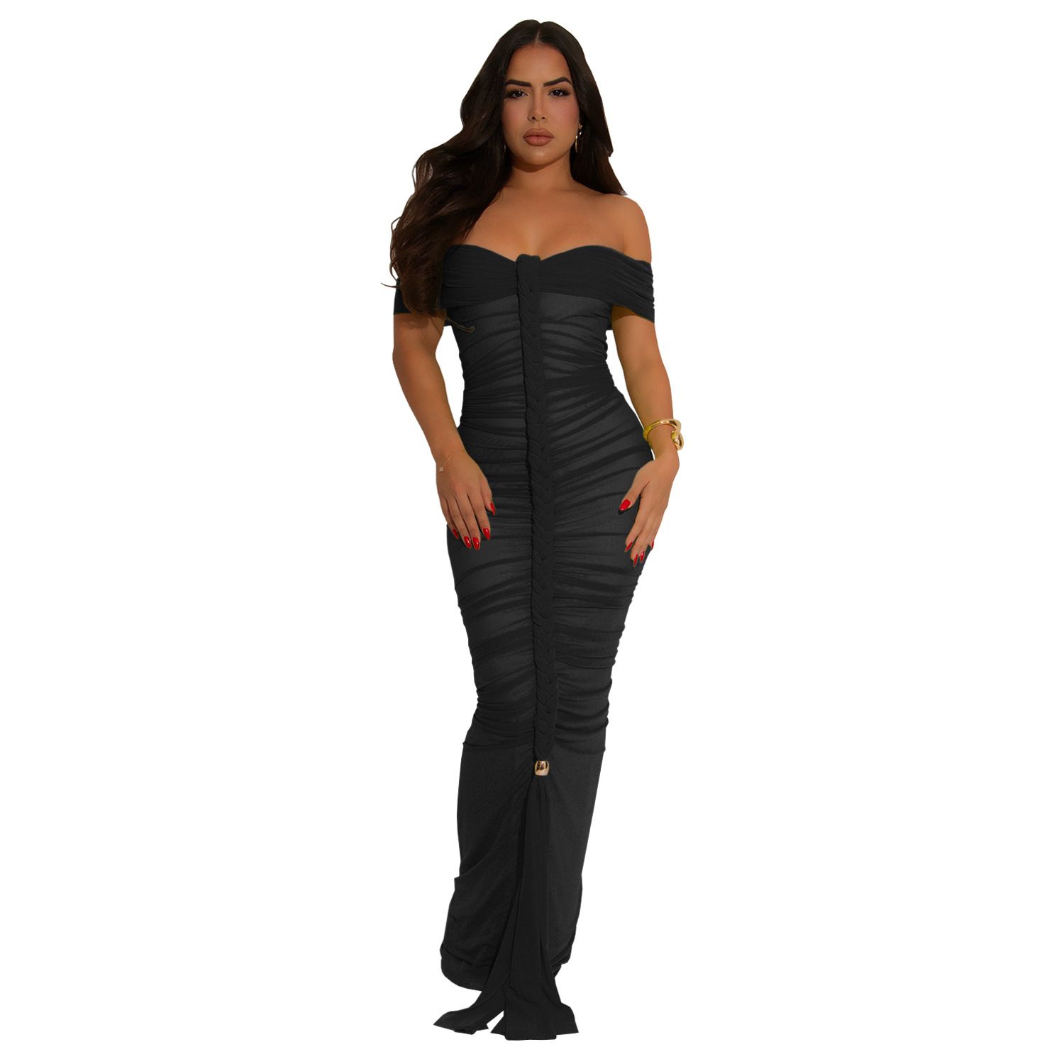 AliExpress Amazon hot selling item, European and American fashionable women's elegant mesh pleated slim fit hip hugging dress，long