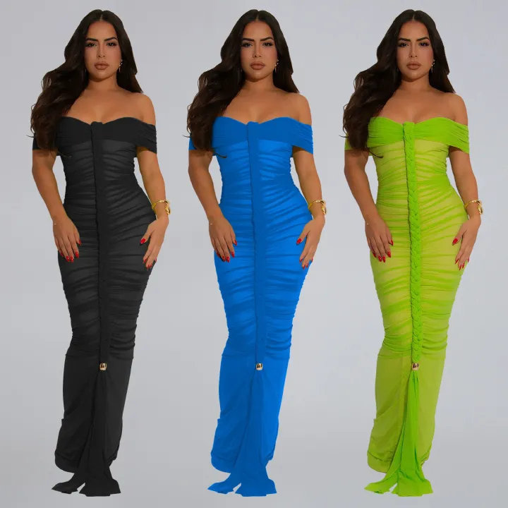 AliExpress Amazon hot selling item, European and American fashionable women's elegant mesh pleated slim fit hip hugging dress，long