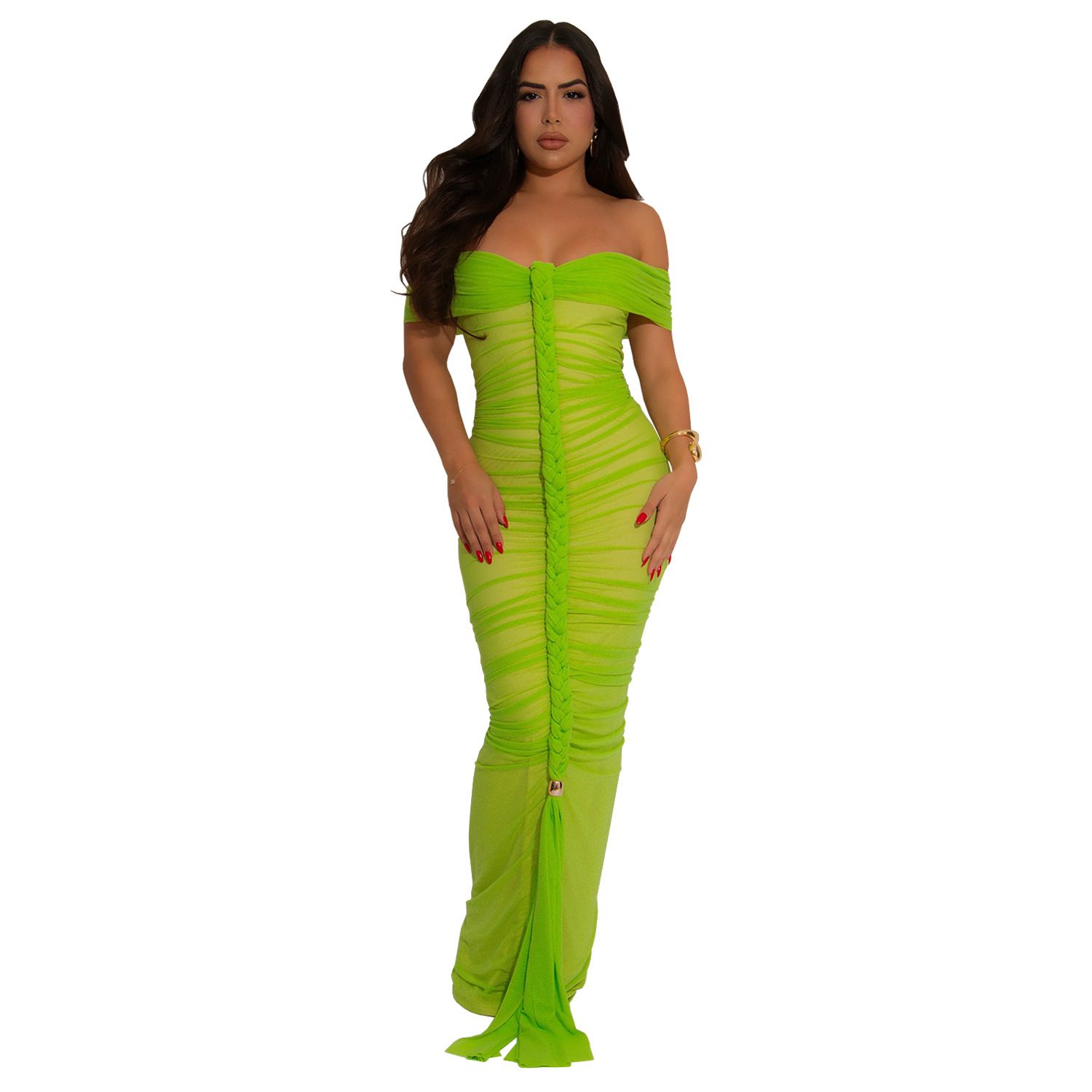 AliExpress Amazon hot selling item, European and American fashionable women's elegant mesh pleated slim fit hip hugging dress，long