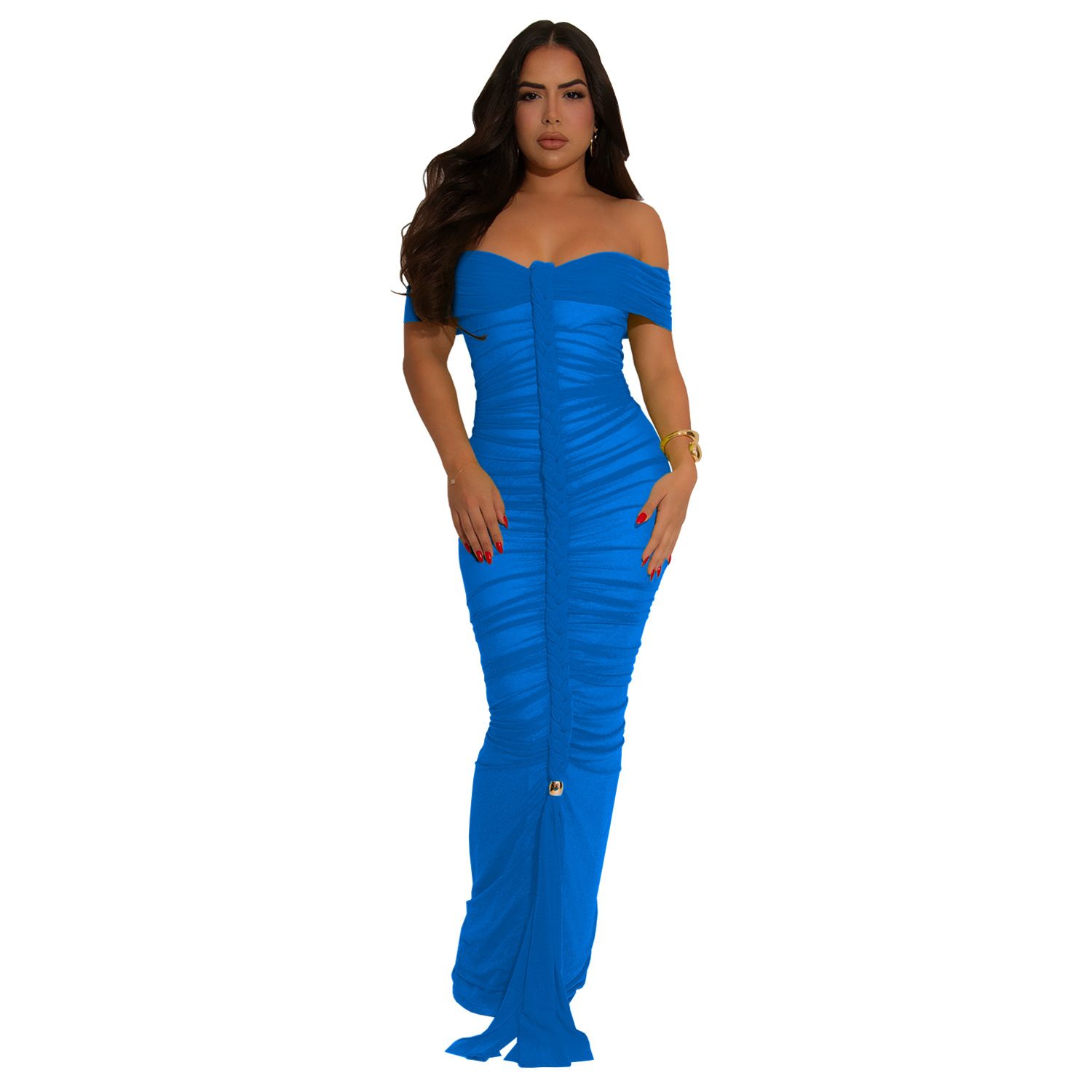 AliExpress Amazon hot selling item, European and American fashionable women's elegant mesh pleated slim fit hip hugging dress，long