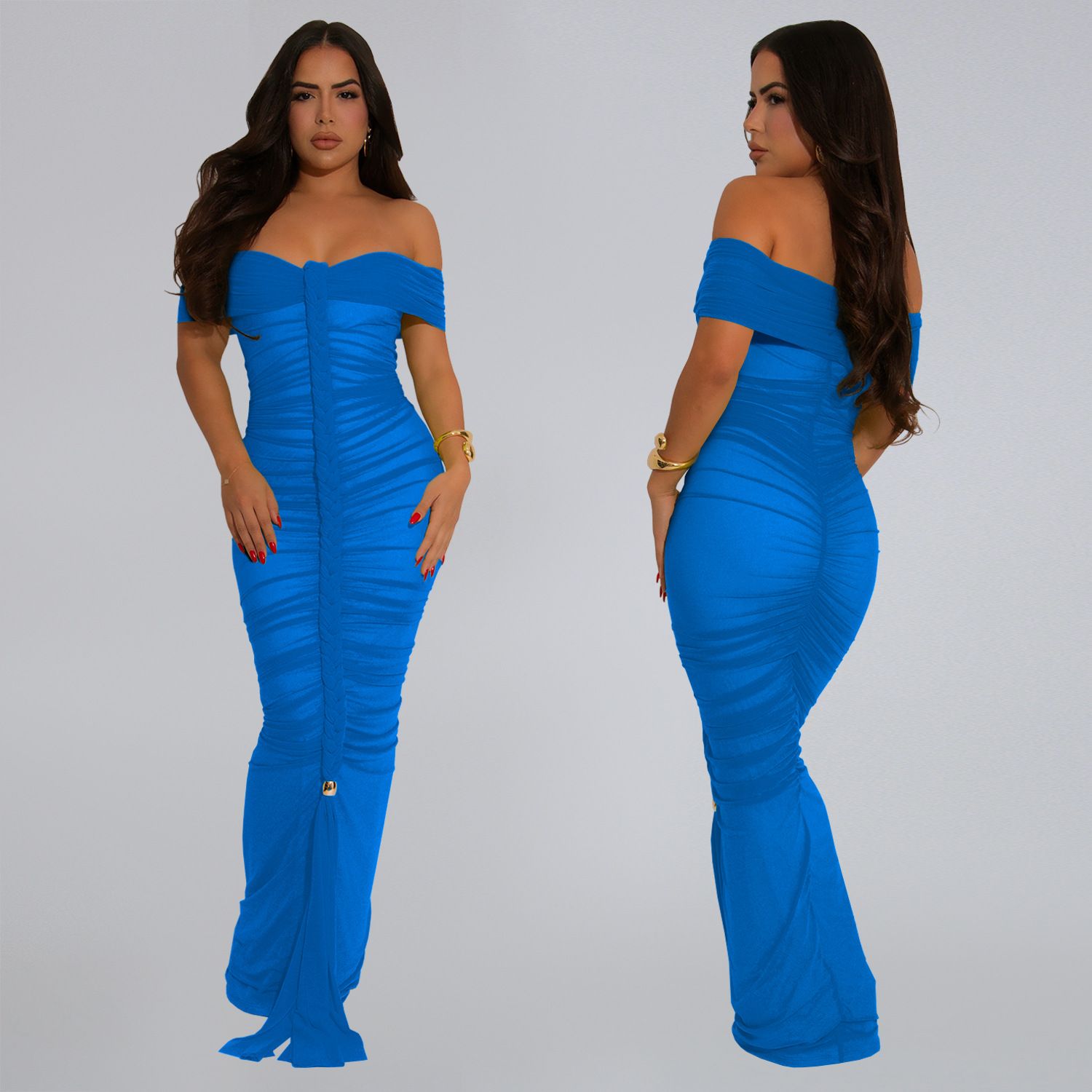 AliExpress Amazon hot selling item, European and American fashionable women's elegant mesh pleated slim fit hip hugging dress，long
