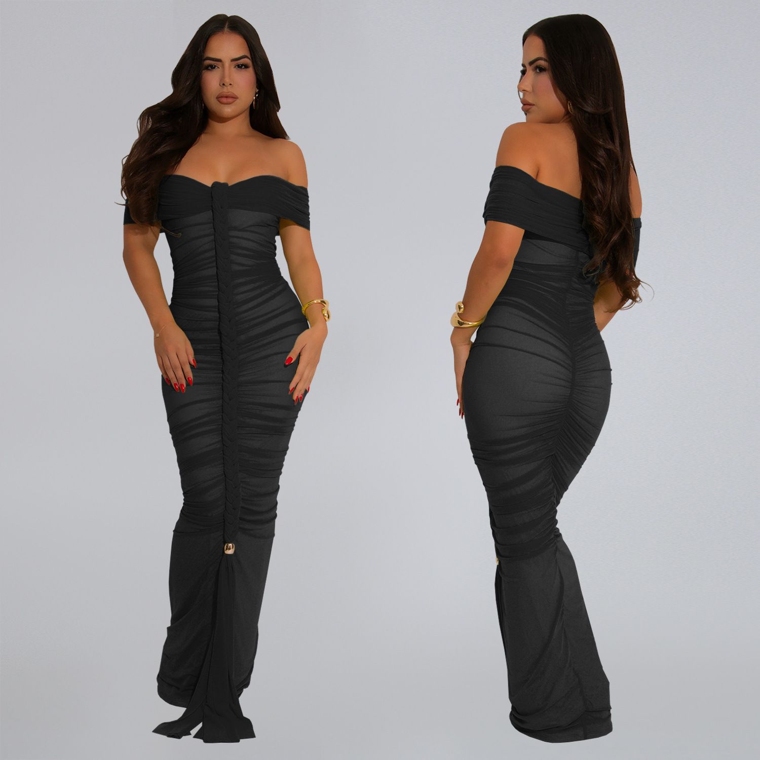 AliExpress Amazon hot selling item, European and American fashionable women's elegant mesh pleated slim fit hip hugging dress，long