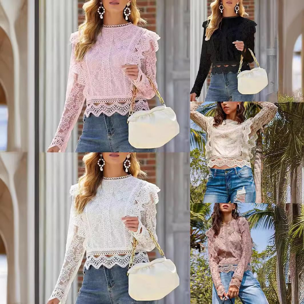 European and American style new style, solid color base sexy hollow lace long sleeved lace shirt women's coat top