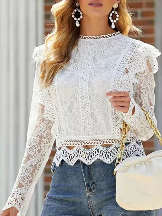 European and American style new style, solid color base sexy hollow lace long sleeved lace shirt women's coat top