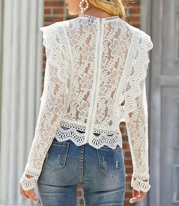 European and American style new style, solid color base sexy hollow lace long sleeved lace shirt women's coat top