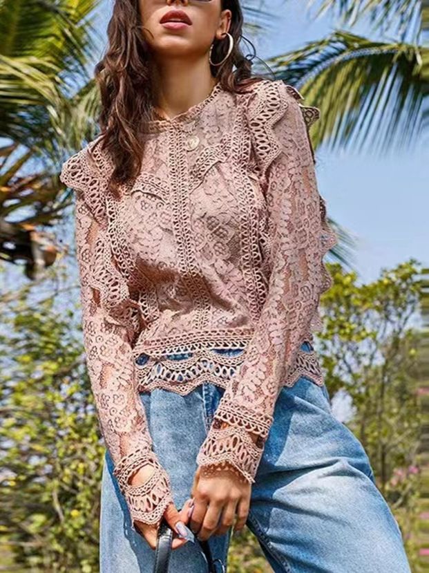 European and American style new style, solid color base sexy hollow lace long sleeved lace shirt women's coat top