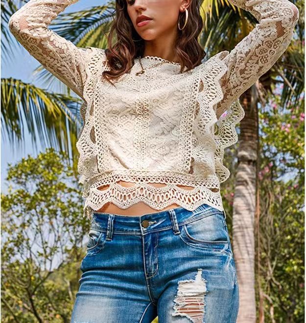 European and American style new style, solid color base sexy hollow lace long sleeved lace shirt women's coat top