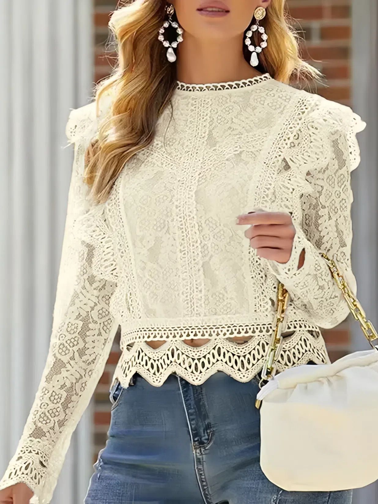 European and American style new style, solid color base sexy hollow lace long sleeved lace shirt women's coat top