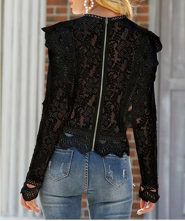 European and American style new style, solid color base sexy hollow lace long sleeved lace shirt women's coat top