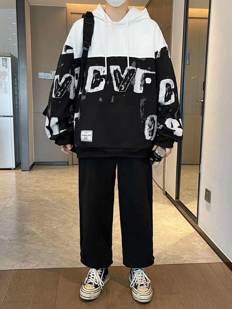 M to 5XL,2 pcs / 1 set,Men's casual sports suit, new spring and autumn trendy cool versatile hooded sweatshirt set of clothes