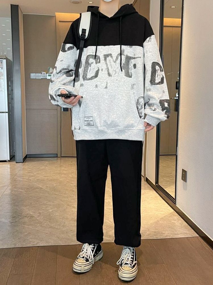 M to 5XL,2 pcs / 1 set,Men's casual sports suit, new spring and autumn trendy cool versatile hooded sweatshirt set of clothes