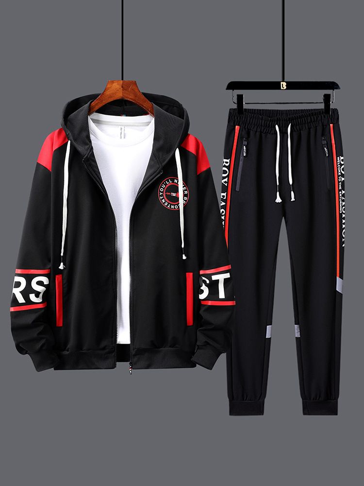 2 pcs / 1 set,Casual suit men's cardigan zipper jacket pants cool and fashionable color blocked men's sportswear two-piece set