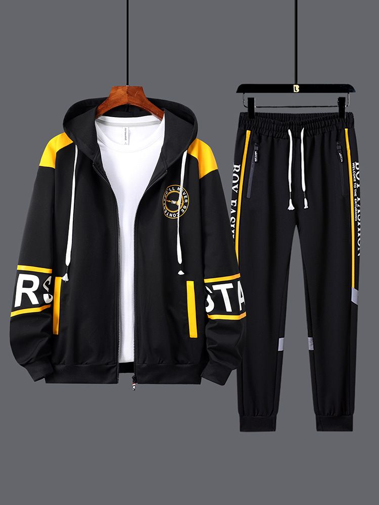 2 pcs / 1 set,Casual suit men's cardigan zipper jacket pants cool and fashionable color blocked men's sportswear two-piece set