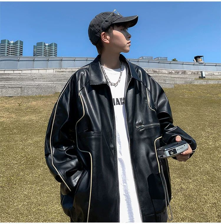 Leather jacket, men's PU leather jacket, cool and casual, retro, motorcycle, Hong Kong style, trendy and handsome, Korean version jacket