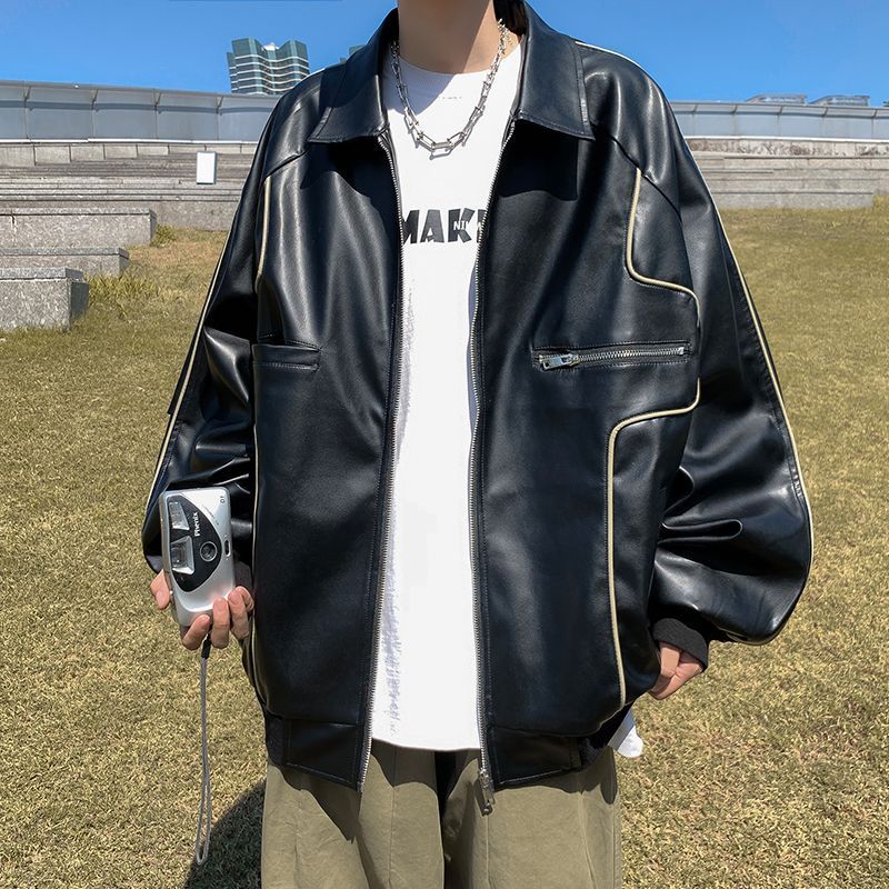 Leather jacket, men's PU leather jacket, cool and casual, retro, motorcycle, Hong Kong style, trendy and handsome, Korean version jacket