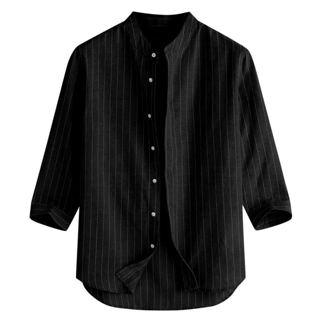 Korean version men's linen shirt stand up collar cardigan loose casual breathable linen shirt youth seven quarter sleeve top men