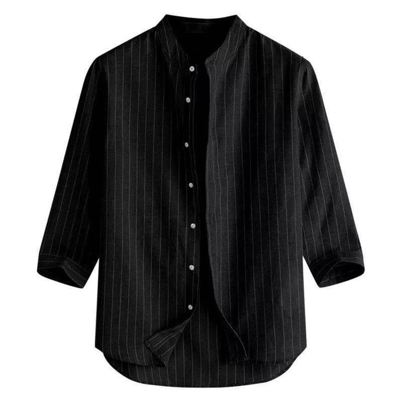 Korean version men's linen shirt stand up collar cardigan loose casual breathable linen shirt youth seven quarter sleeve top men