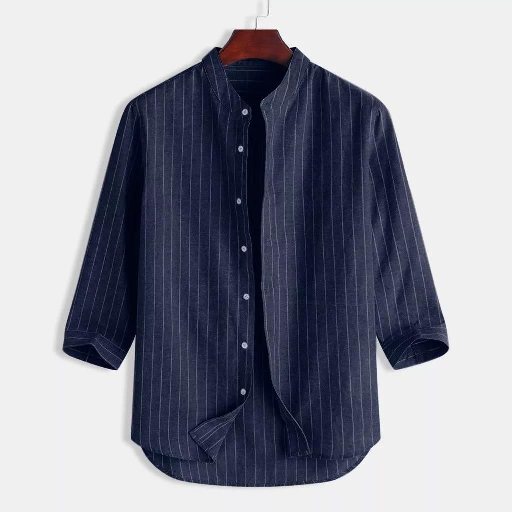 Korean version men's linen shirt stand up collar cardigan loose casual breathable linen shirt youth seven quarter sleeve top men