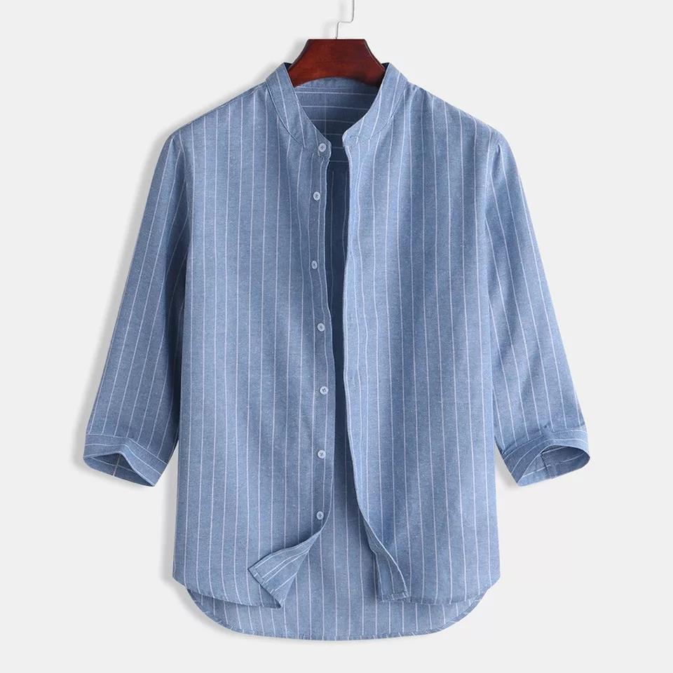 Korean version men's linen shirt stand up collar cardigan loose casual breathable linen shirt youth seven quarter sleeve top men