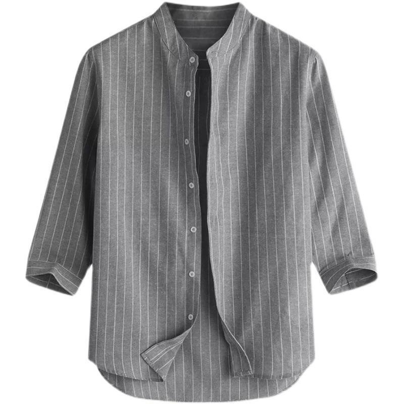 Korean version men's linen shirt stand up collar cardigan loose casual breathable linen shirt youth seven quarter sleeve top men