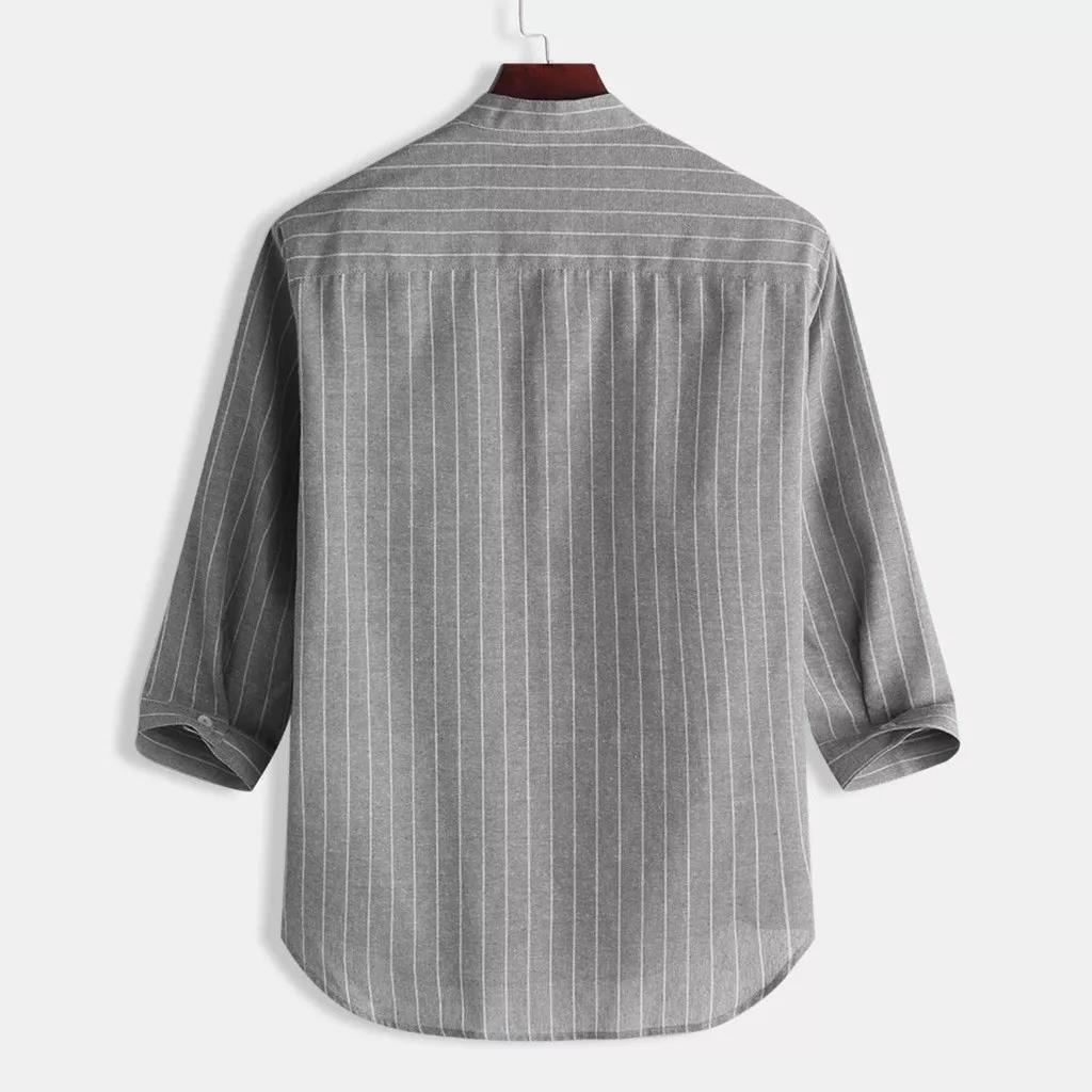 Korean version men's linen shirt stand up collar cardigan loose casual breathable linen shirt youth seven quarter sleeve top men