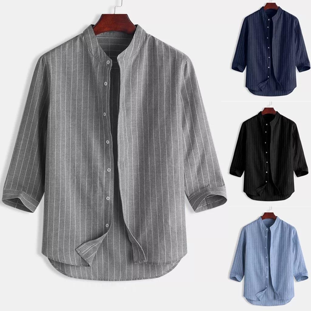 Korean version men's linen shirt stand up collar cardigan loose casual breathable linen shirt youth seven quarter sleeve top men