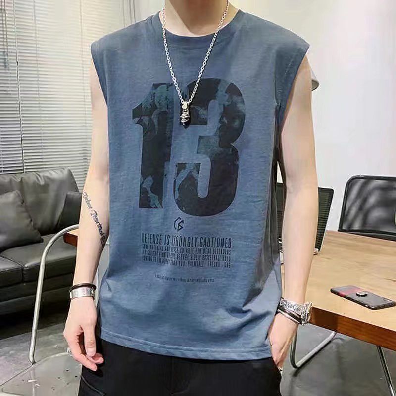 Tank top, men's trendy brand print, loose fit, sports basketball, shoulder cut, sleeveless T-shirt, upper garment