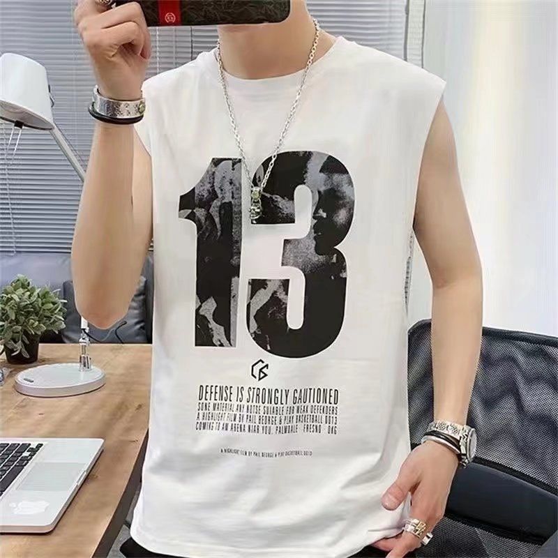 Tank top, men's trendy brand print, loose fit, sports basketball, shoulder cut, sleeveless T-shirt, upper garment