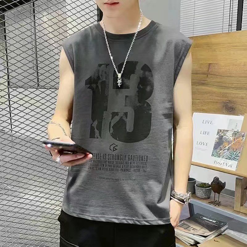 Tank top, men's trendy brand print, loose fit, sports basketball, shoulder cut, sleeveless T-shirt, upper garment