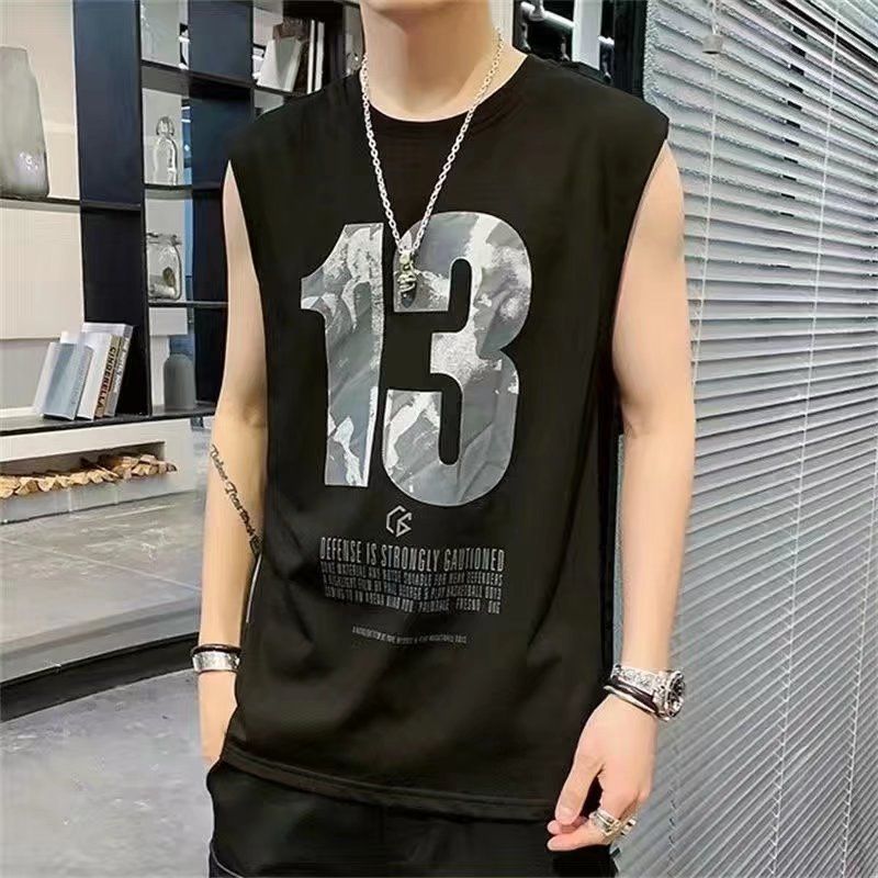 Tank top, men's trendy brand print, loose fit, sports basketball, shoulder cut, sleeveless T-shirt, upper garment
