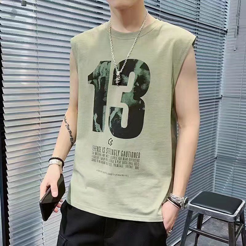 Tank top, men's trendy brand print, loose fit, sports basketball, shoulder cut, sleeveless T-shirt, upper garment