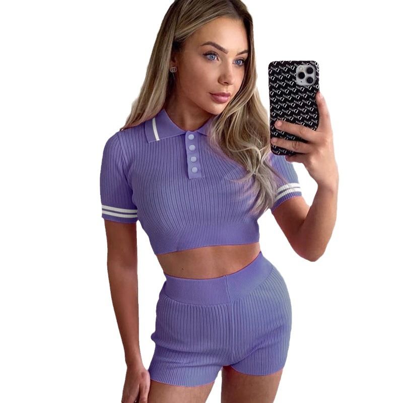2 pcs/ 1 set,European and American style new collection, women's short sleeved half length pants set, Amazon sexy crop top sweater shorts two-piece set