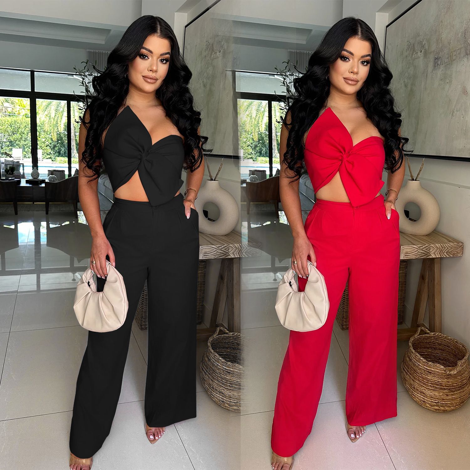 2 pcs/ 1 set,AliExpress Amazon European and American Fashion Women's Sexy Bow Casual Pants Two Piece Set New