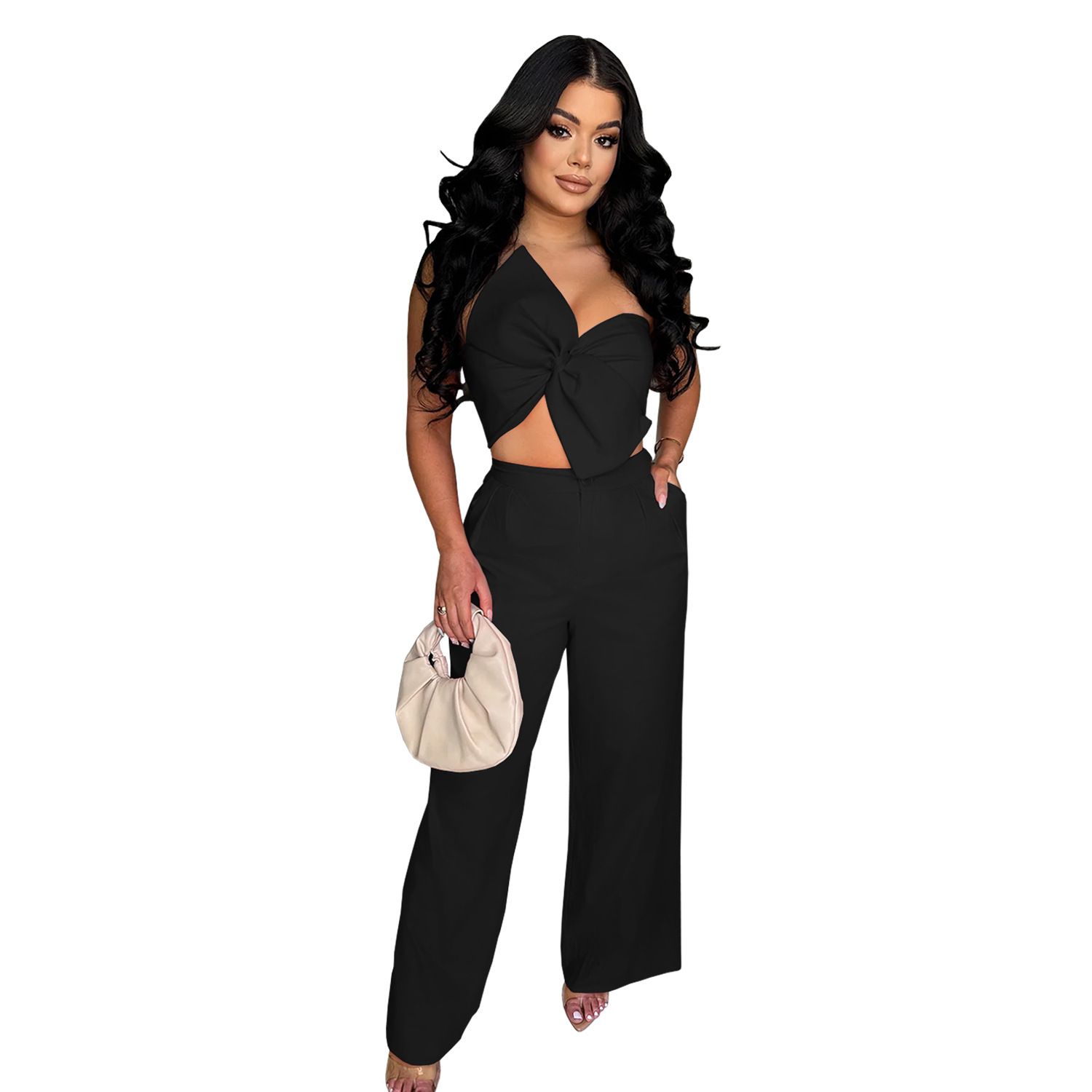 2 pcs/ 1 set,AliExpress Amazon European and American Fashion Women's Sexy Bow Casual Pants Two Piece Set New